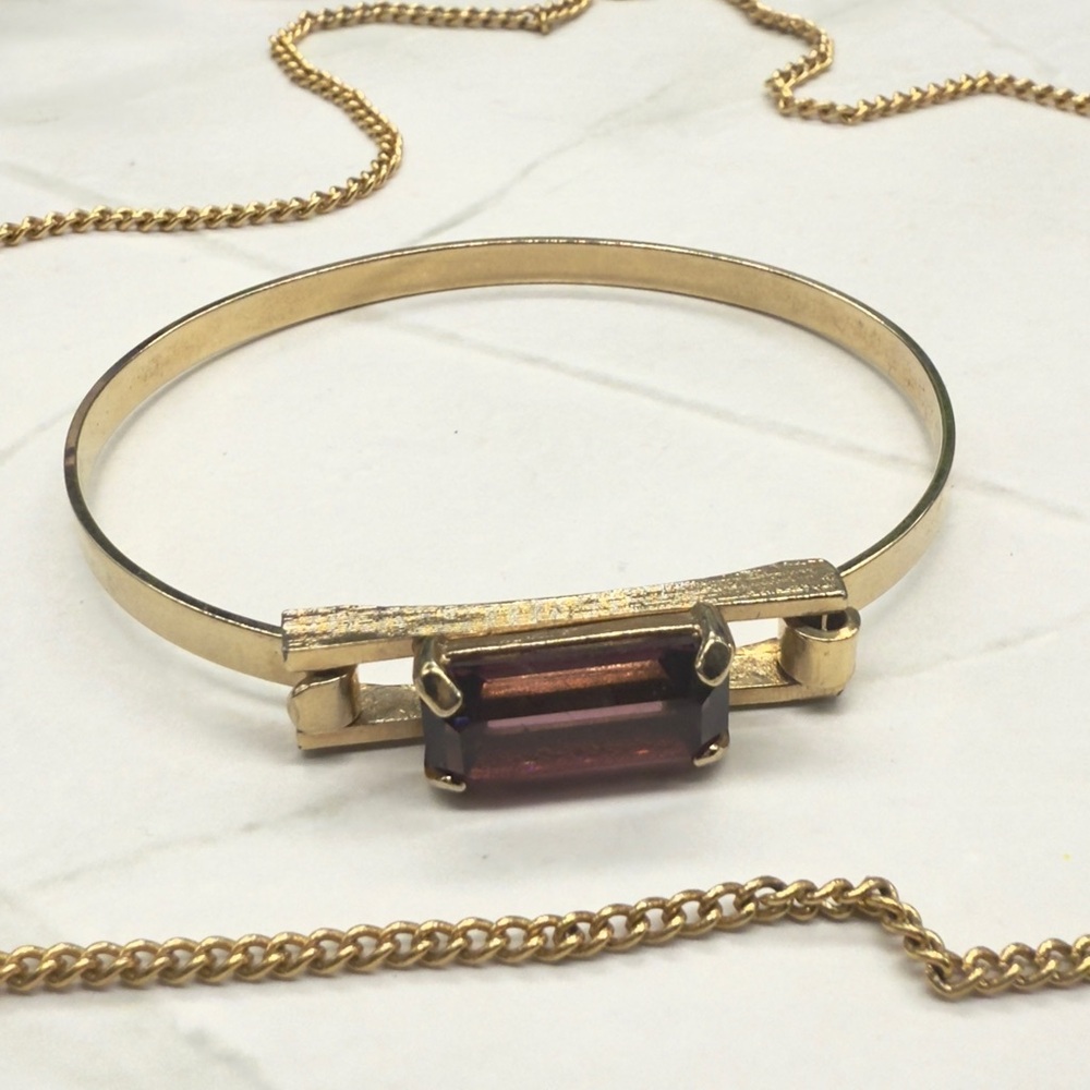 Avon Gold Tone Purple Glass Stone Gems Necklace Earrings Bracelet Set - Picture 7 of 16